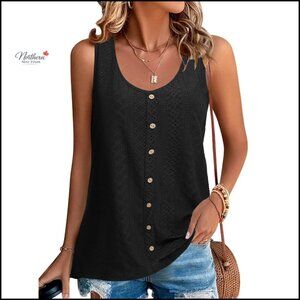 Women's Eyelet Button Front Tank Top Loose Fit Tunic Summer Sleeveless